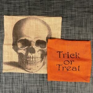 Bundle of 2 Halloween Pillow Covers Burlap Style Skull Trick or Treat Orange Tan
